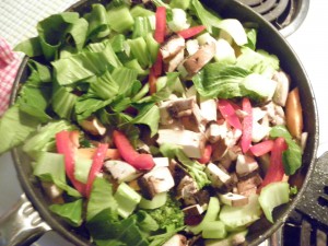 stir fry in progress - fry pan filled with cut up veges