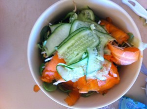 carrot and cucumber finely sliced with a vegetable peeler
