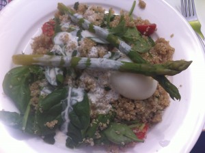 quinoa, aparagus, boiled egg with salad