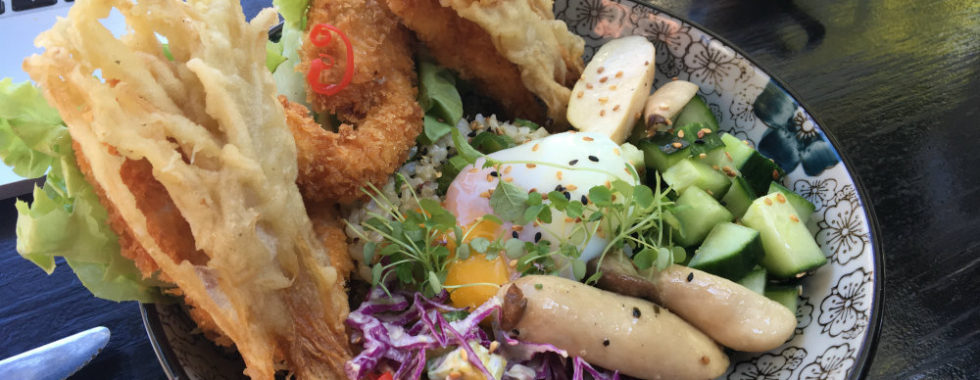 tempura enoki, oat crusted chicken, egg, rice, slaw, salad, breakfast thieves lunch fitzroy
