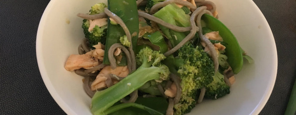 steamed salmon, orange and ginger glaze, soba and greens