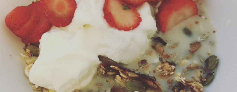 high protein breakfast cereal and beautiful berries and yoghurt